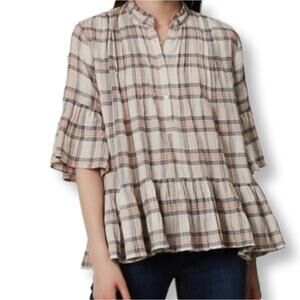 Women Fall Plaid Ruffle Peplum Blouse Top L Neutral Casual Relaxed Weekend